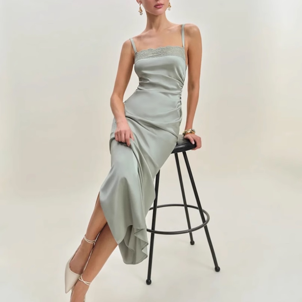 ✨ SALE✨Reformation Vesper Satin Midi Dress Salvia Sage Green Cocktail Lace Party